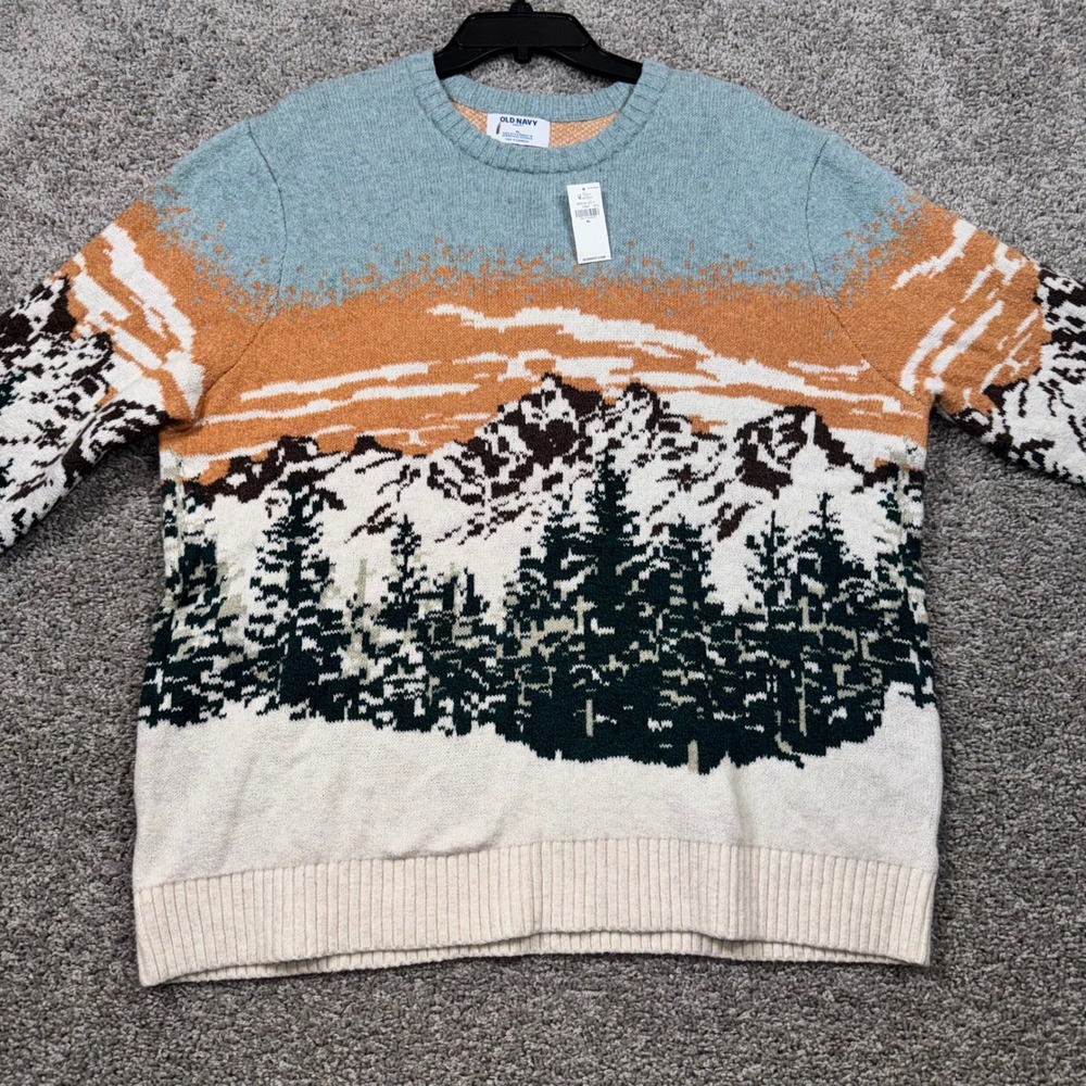 Old Navy Crew-Neck Sweater Mens Mountain Landscape Stretch Blue Multi XL NEW